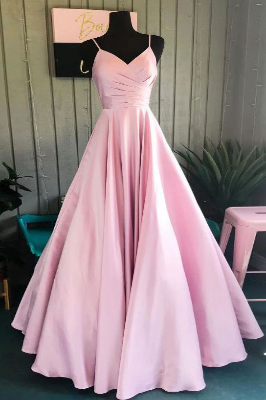 Simple v neck pink satin long prom ...